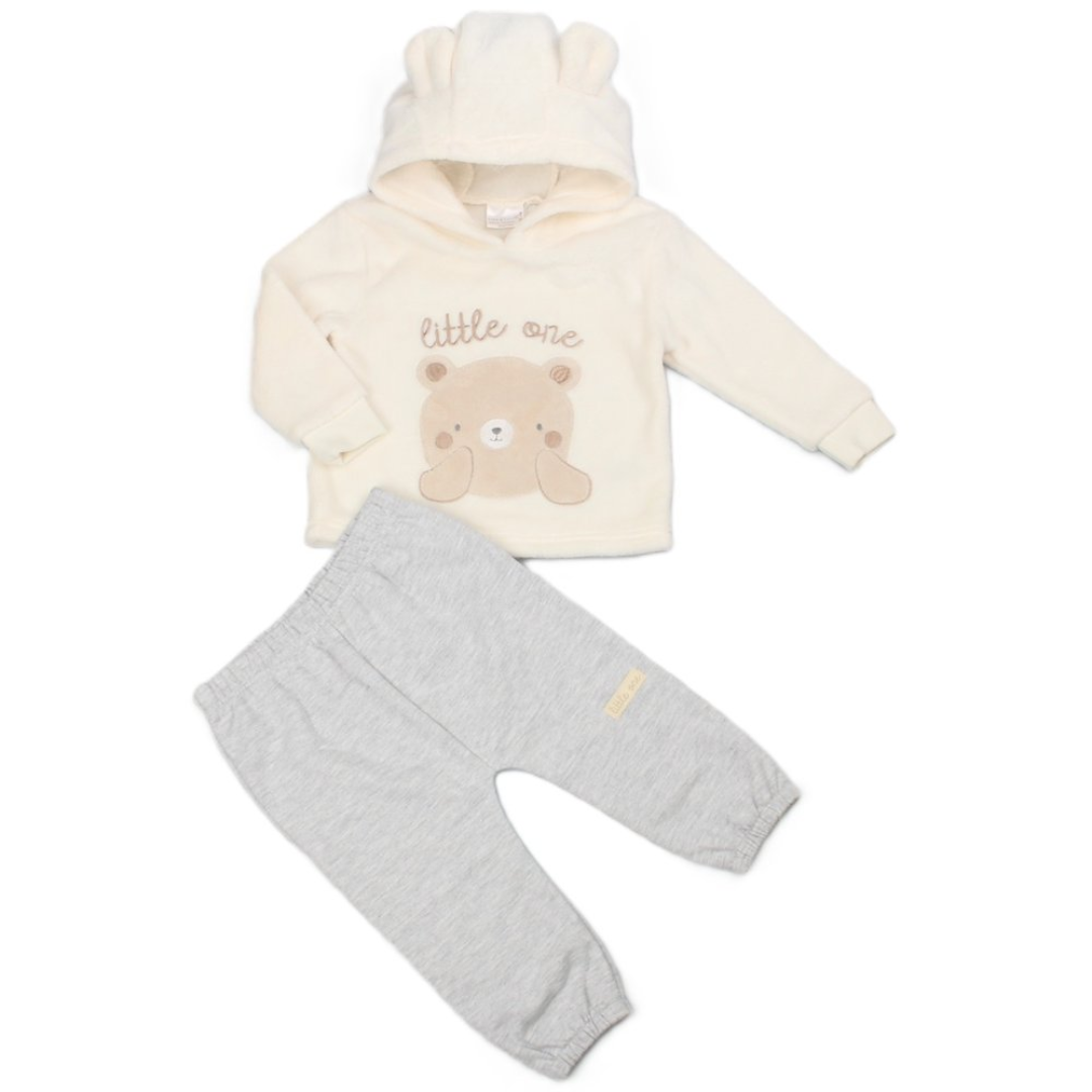 Baby two-piece clothing set featuring a cream fleece hoodie with a bear graphic and 'little one' text, paired with heather gray jogger pants, on a white background.