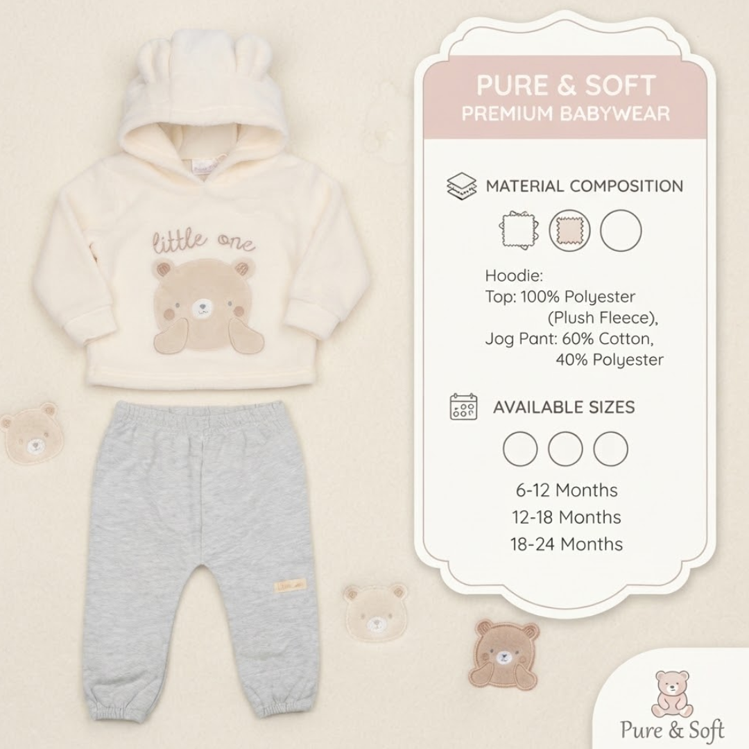 A baby clothing set displayed on a light beige background, including a cream hooded top with a teddy bear graphic and gray jog pants. A large informational card on the right lists material composition and available sizes, with small teddy bear illustrations scattered around.