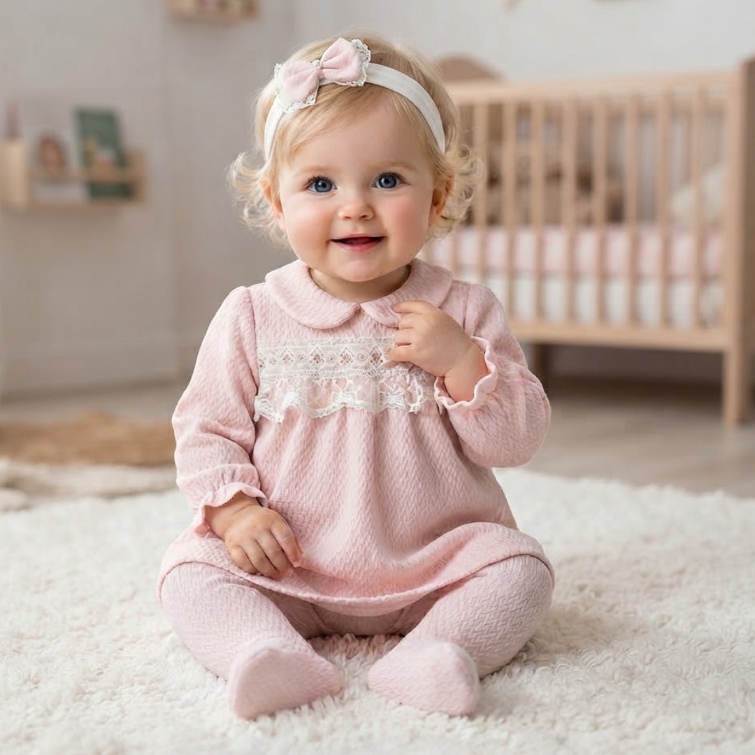 A baby girl sitting on a white shag rug in a nursery, wearing a light pink textured footed sleeper with a white lace collar and a matching pink bow headband.