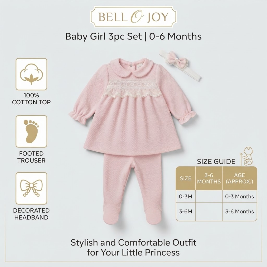 A toddler girl's two-piece clothing set by Giorgio Bambini, featuring a long-sleeve cream T-shirt with a red floral 'Love' applique and matching printed leggings. The image includes product details, a size guide table, and feature callouts on a light beige background.