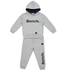 A two-piece kids' tracksuit from the brand Bench, featuring a light gray heathered hoodie with a dark navy hood lining and 'Bench.' printed across the chest, paired with matching jogger pants that have a vertical 'Bench.