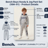 A product information graphic for the Bench Boys Hoody & Jog Pant Set (18M-4Y). It features a child model wearing a grey hooded sweatshirt and jogger pants set with navy accents, alongside a technical diagram of the clothing and text detailing the brand, age range, color, material, care instructions, and available sizes.