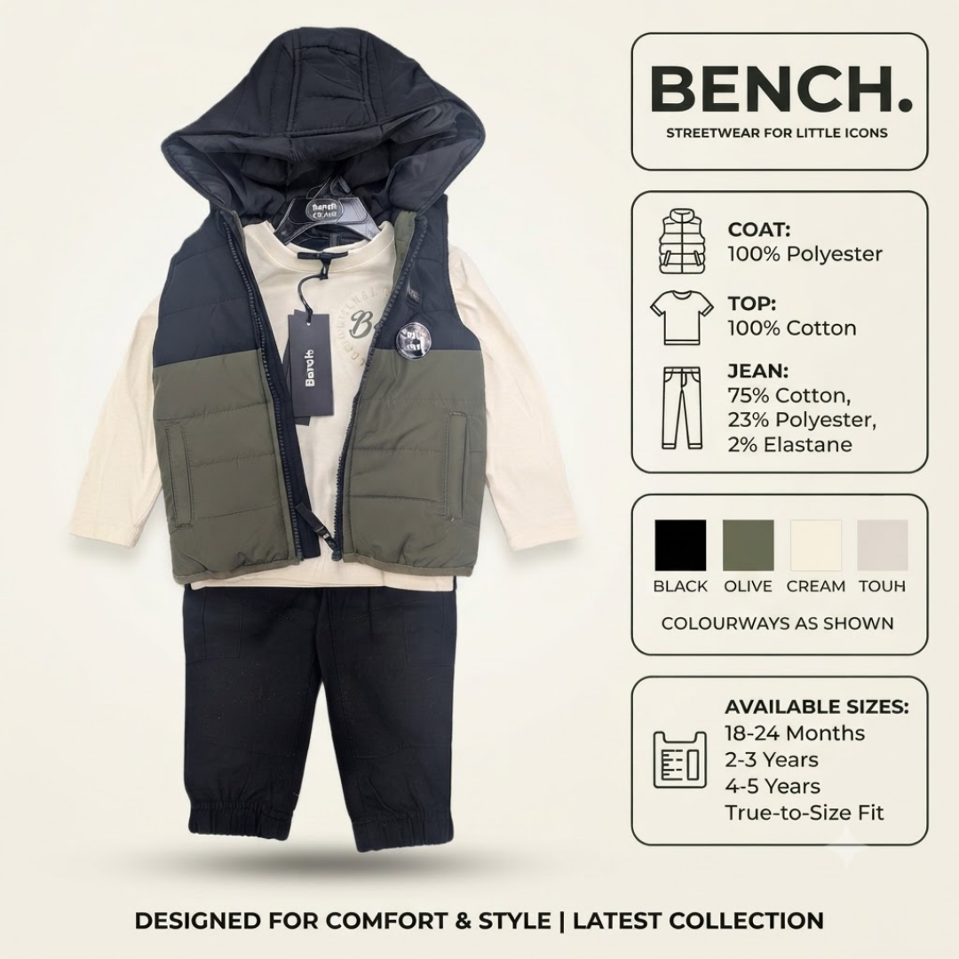 A children's clothing set from BENCH. featuring an olive green and cream colorblock hooded coat, a cream t-shirt, dark navy jeans, and a matching dark navy hoodie.