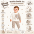 Product feature infographic for the Beyaz Bebek Waffle Outfit Set (9-24 Months), highlighting cream and beige cotton waffle fabric, a cute bear appliqué, shoulder button closure, and available sizes from 9 to 24 months.