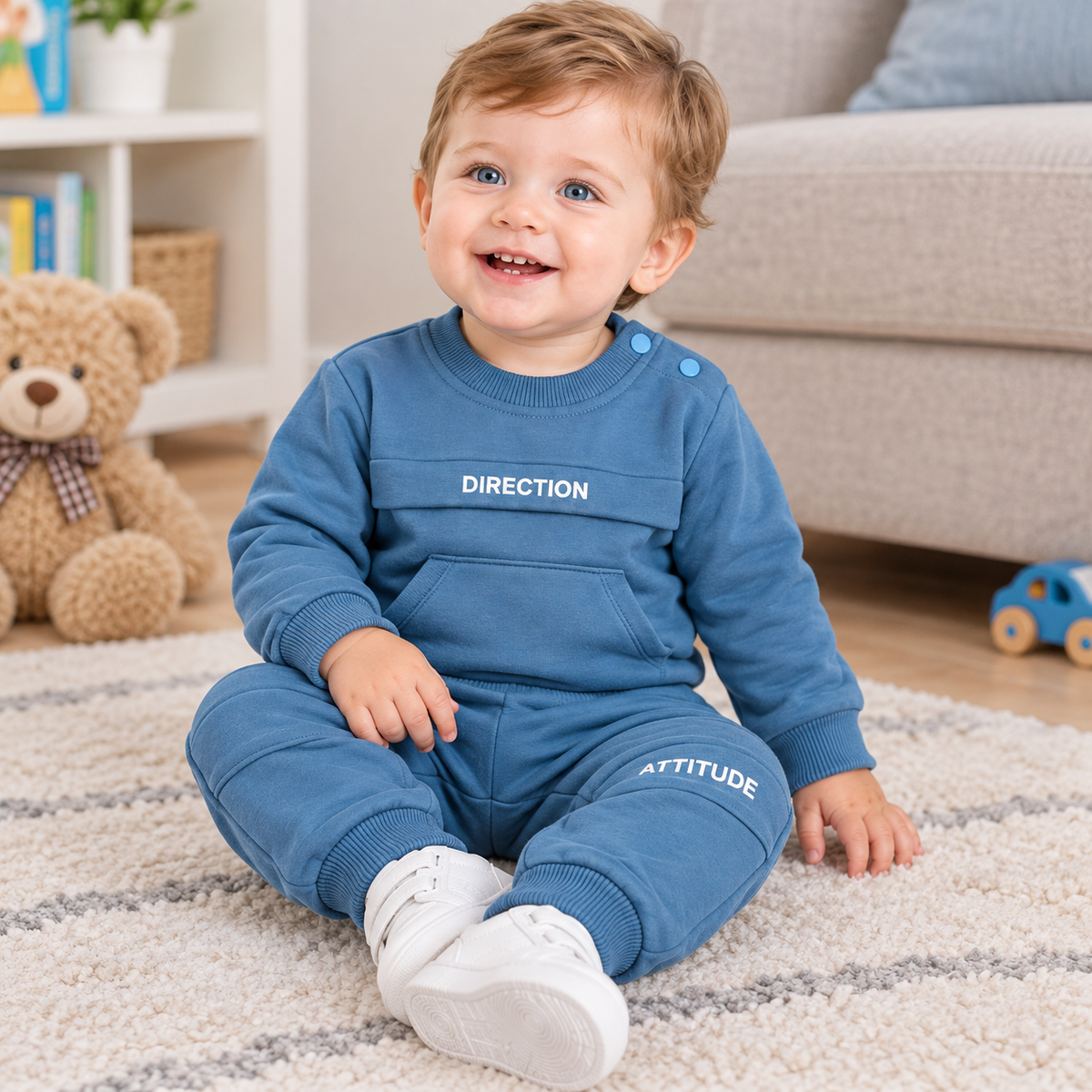 A smiling toddler sits on a cream rug in a living room setting, wearing a matching blue sweatshirt and jogger pants set with white text reading 'DIRECTION' and 'ATTITUDE'.