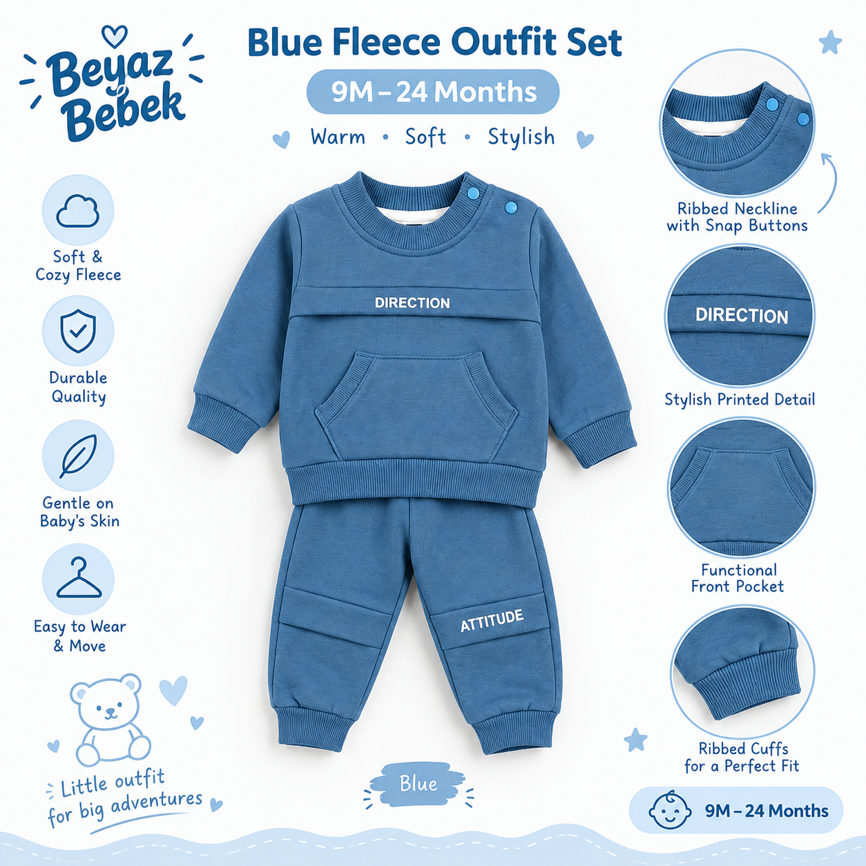 A blue fleece baby outfit set consisting of a long-sleeve sweatshirt and matching pants, shown on a light blue background with product features highlighted around it. The set includes a ribbed neckline with snap buttons, front pockets, and ribbed cuffs.