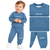 A toddler wearing a blue sweatshirt and matching jogger pants set with white sneakers, shown beside close-up detail panels of the outfit. The sweatshirt and pants are blue with white text reading 'DIRECTION' and 'ATTITUDE' respectively, on a plain white background.