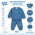 A blue fleece baby outfit set consisting of a long-sleeve sweatshirt and matching pants, shown on a light blue background with product features highlighted around it. The set includes a ribbed neckline with snap buttons, front pockets, and ribbed cuffs.