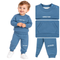 A toddler wearing a blue sweatshirt and matching jogger pants set with white sneakers, shown beside close-up detail panels of the outfit. The sweatshirt and pants are blue with white text reading 'DIRECTION' and 'ATTITUDE' respectively, on a plain white background.