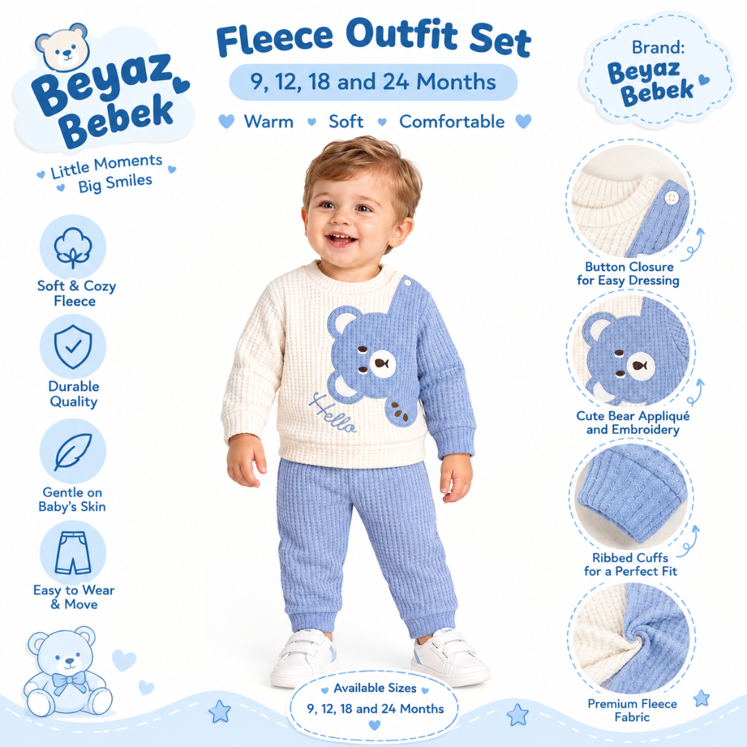 A baby boy modeling a blue and white ribbed fleece outfit set with a bear applique, shown on a light blue graphic background with product features and sizes.