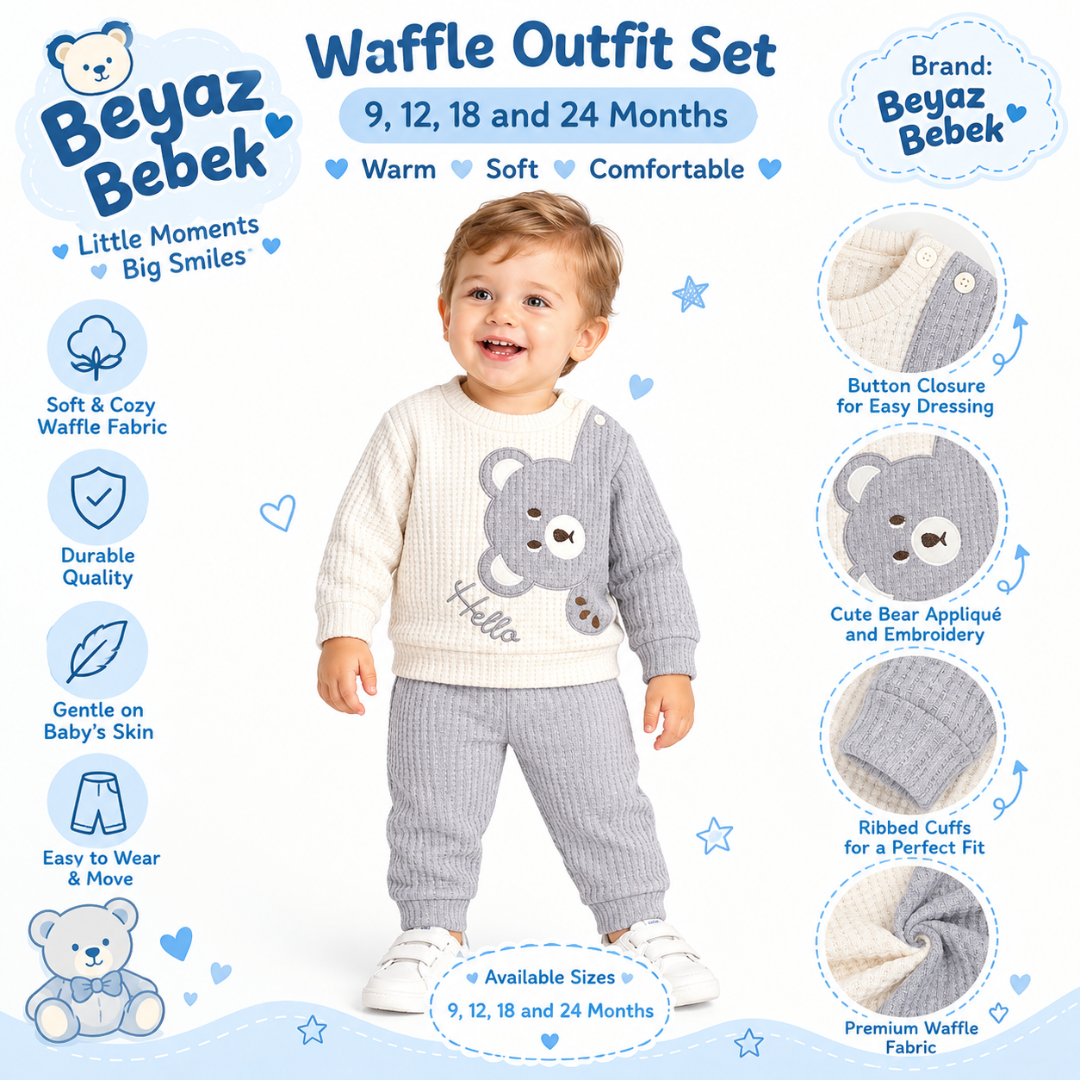A baby boy modeling a waffle-knit two-piece outfit set with a cream sweater and gray pants, surrounded by product feature callouts and the brand name Beyaz Bekbek on a white background.