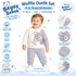 A baby boy modeling a waffle-knit two-piece outfit set with a cream sweater and gray pants, surrounded by product feature callouts and the brand name Beyaz Bekbek on a white background.