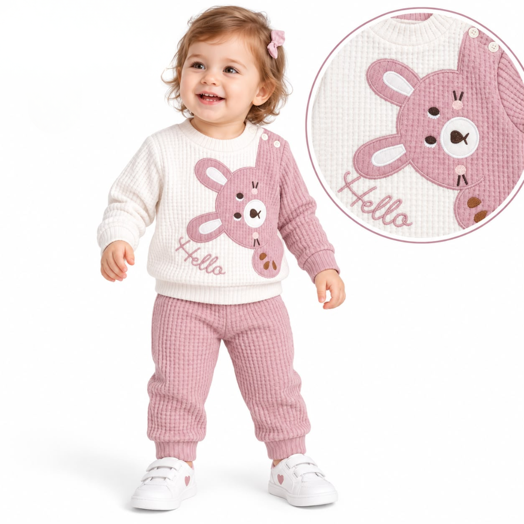 A Baby girl wearing Beyaz Bebek cream and pink waffle outfit set for babies aged 9 to 24 months, with bear appliqué and matching trousers standing with white background