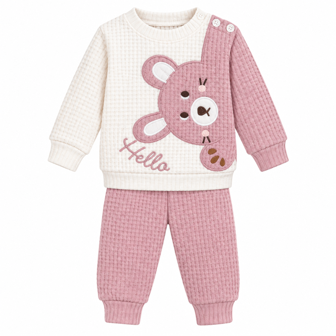 Beyaz Bebek cream and beige waffle outfit set for babies aged 9 to 24 months, with bear appliqué and matching trousers