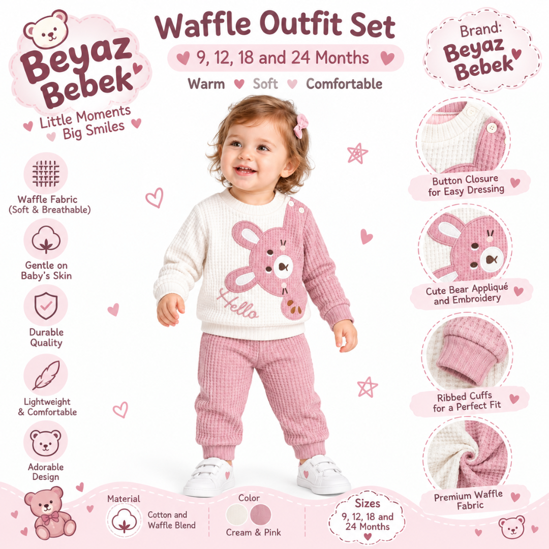 A baby girl wearing a pink and cream waffle fabric outfit set, featuring a long-sleeve cream top with a pink bear applique and matching pink waffle knit pants. The image is a promotional infographic for the 'Beyaz Bebek' brand, showing the child in the center with various feature callouts and icons highlighting the waffle fabric, button closure, bear applique, ribbed cuffs, and comfort.