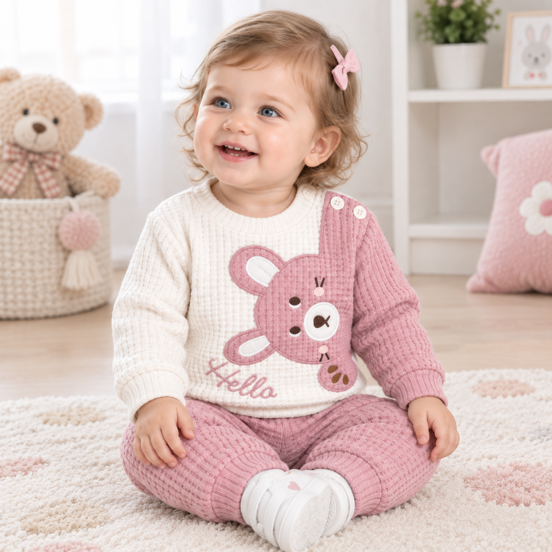 A baby girl wearing cream and pink waffle outfit set for babies aged 9 to 24 months, with bear appliqué and matching trousers sitting on the floor