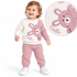 A Baby girl wearing Beyaz Bebek cream and pink waffle outfit set for babies aged 9 to 24 months, with bear appliqué and matching trousers standing with white background