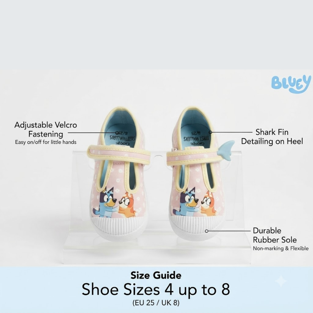 A pair of children's Mary Jane shoes with cartoon character graphics, shown on a clear display stand with callout labels pointing out features like adjustable Velcro fastening, shark fin detailing on the heel, and a durable rubber sole. The image includes text indicating shoe sizes 4 up to 8 and a Bluey logo in the top right.