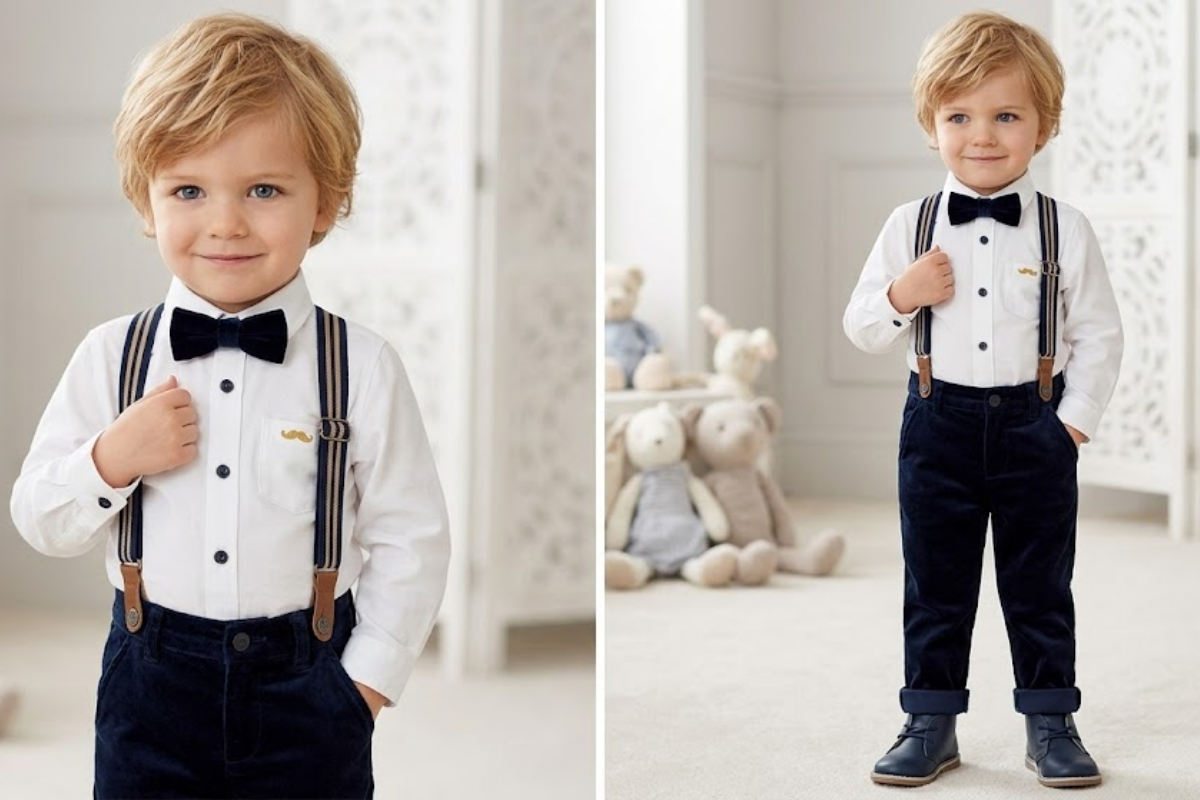 Two images of a young boy in formal attire with suspenders and bow tie.
