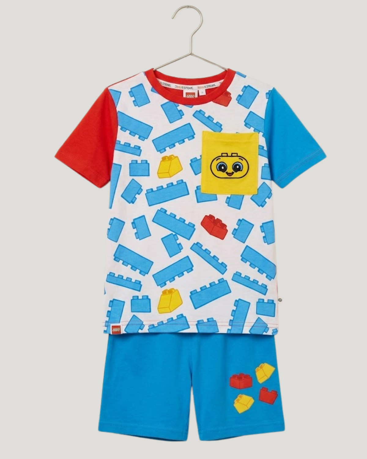Children's t-shirt and shorts set with toy block design on a white background