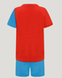 Red shirt and blue shorts set on a gray background
