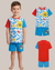 Child wearing a colorful outfit with a matching shirt, vest, and shorts on a plain background