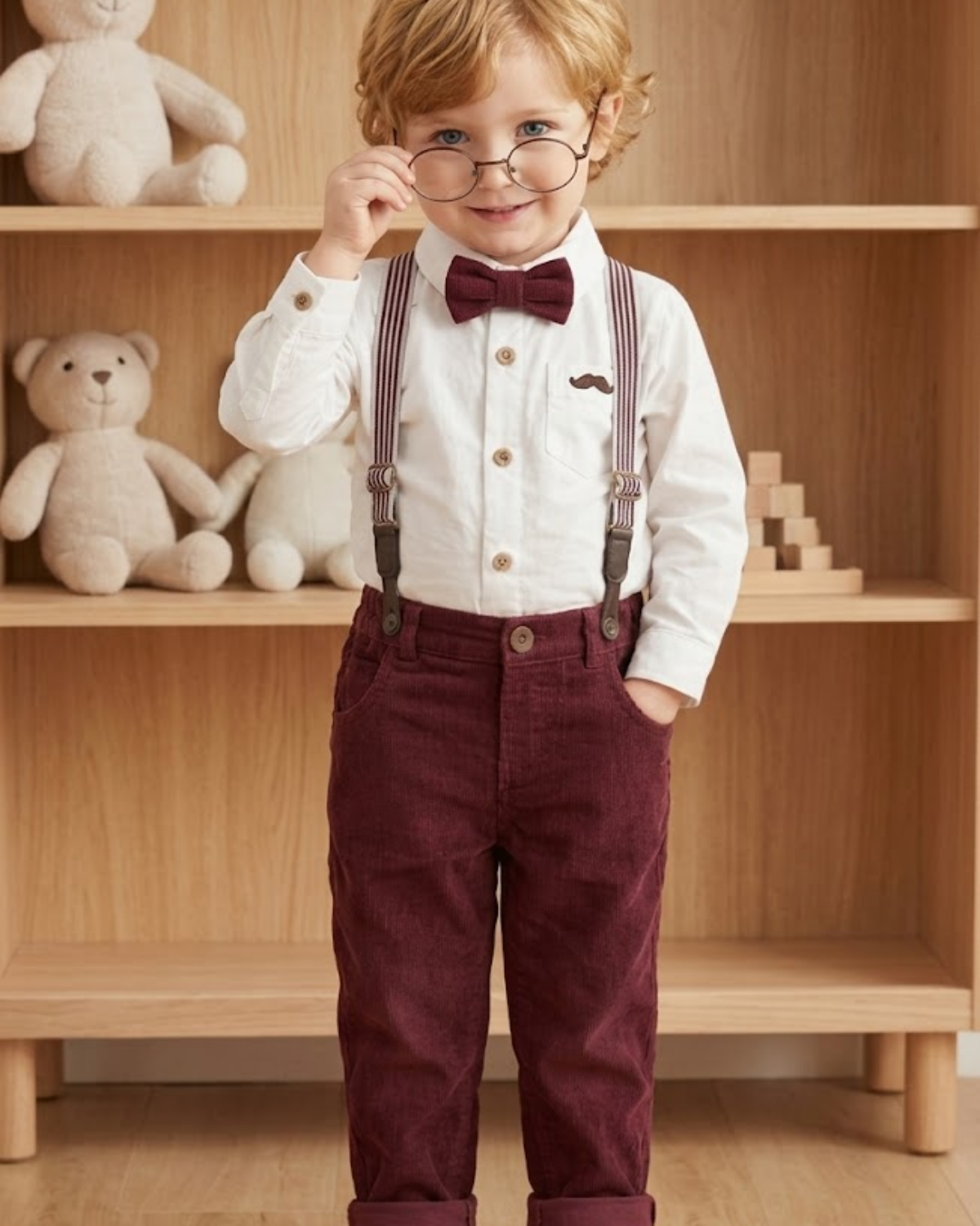 Child wearing a white shirt, maroon pants, and bow tie standing in front of wooden shelves with teddy bears.