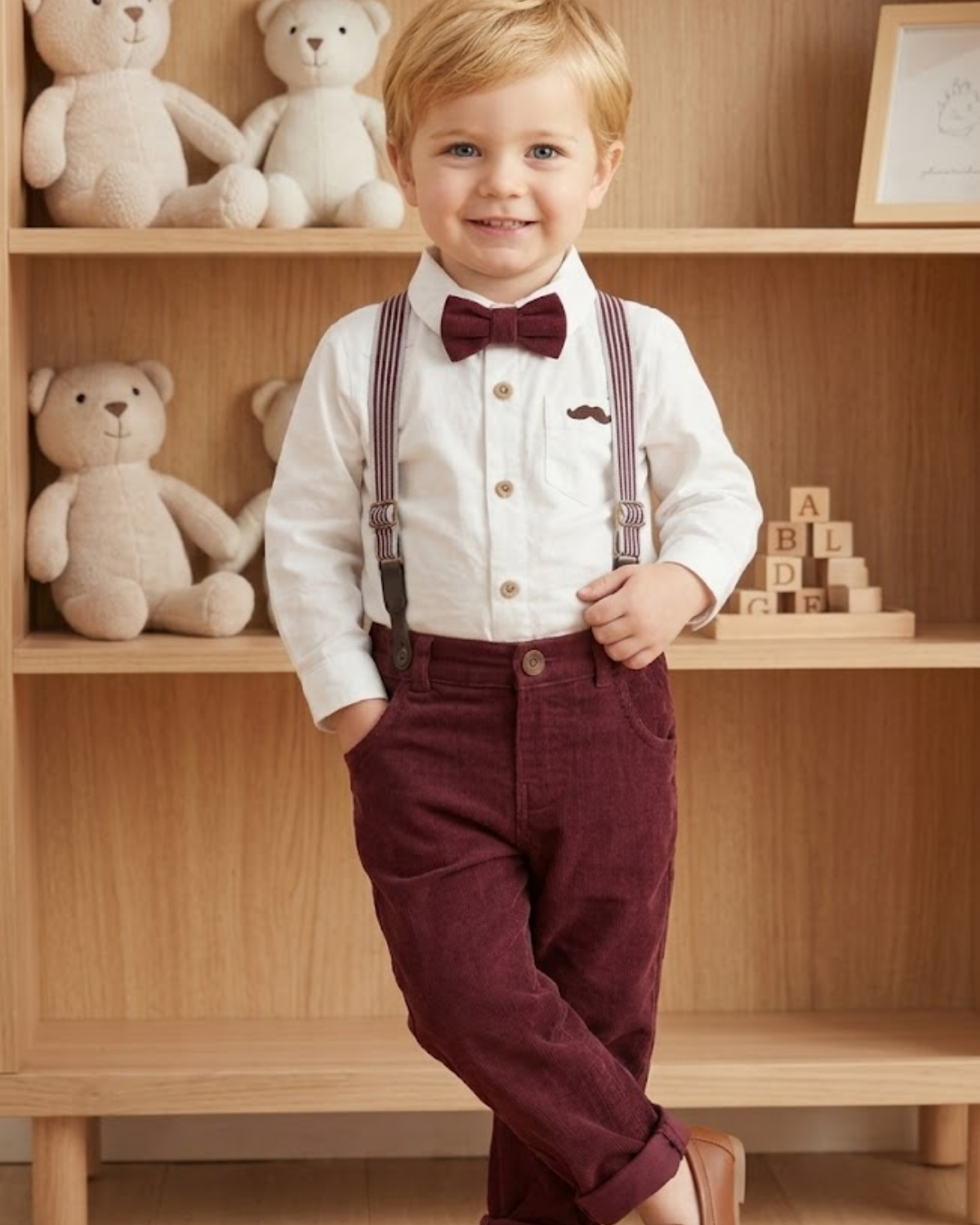 Child in formal attire with suspenders and bow tie standing in front of a wooden shelf with teddy bears and blocks.