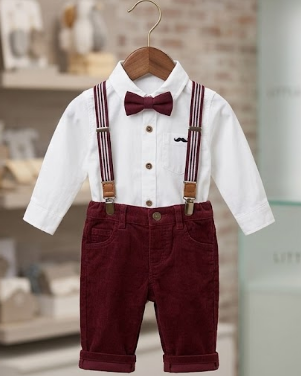 Children's outfit with white shirt, maroon pants, suspenders, and bow tie on a hanger.