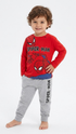 Child wearing Spider-Man pajamas on a white background