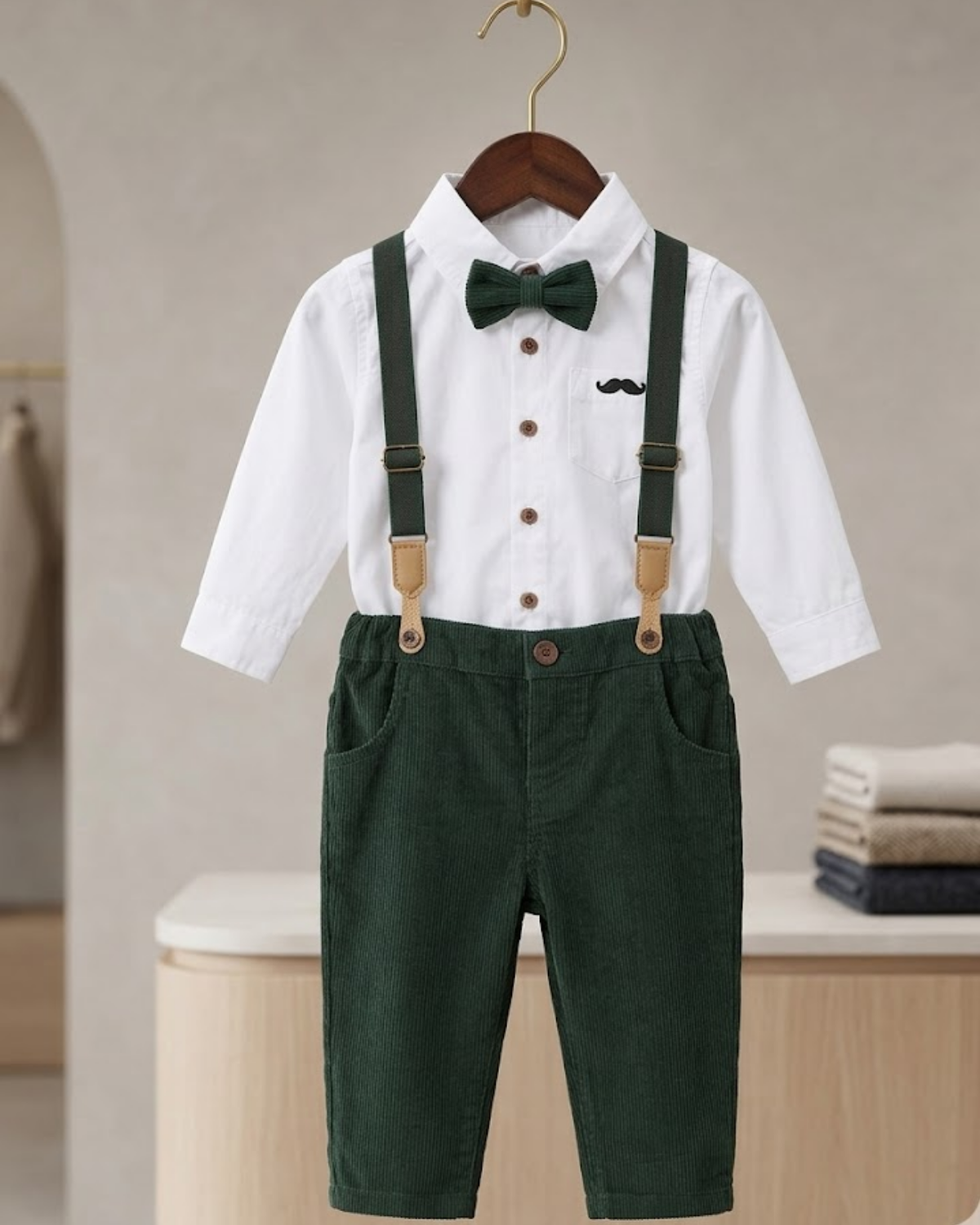 Children's outfit with white shirt, green pants, suspenders, and bow tie on a hanger.