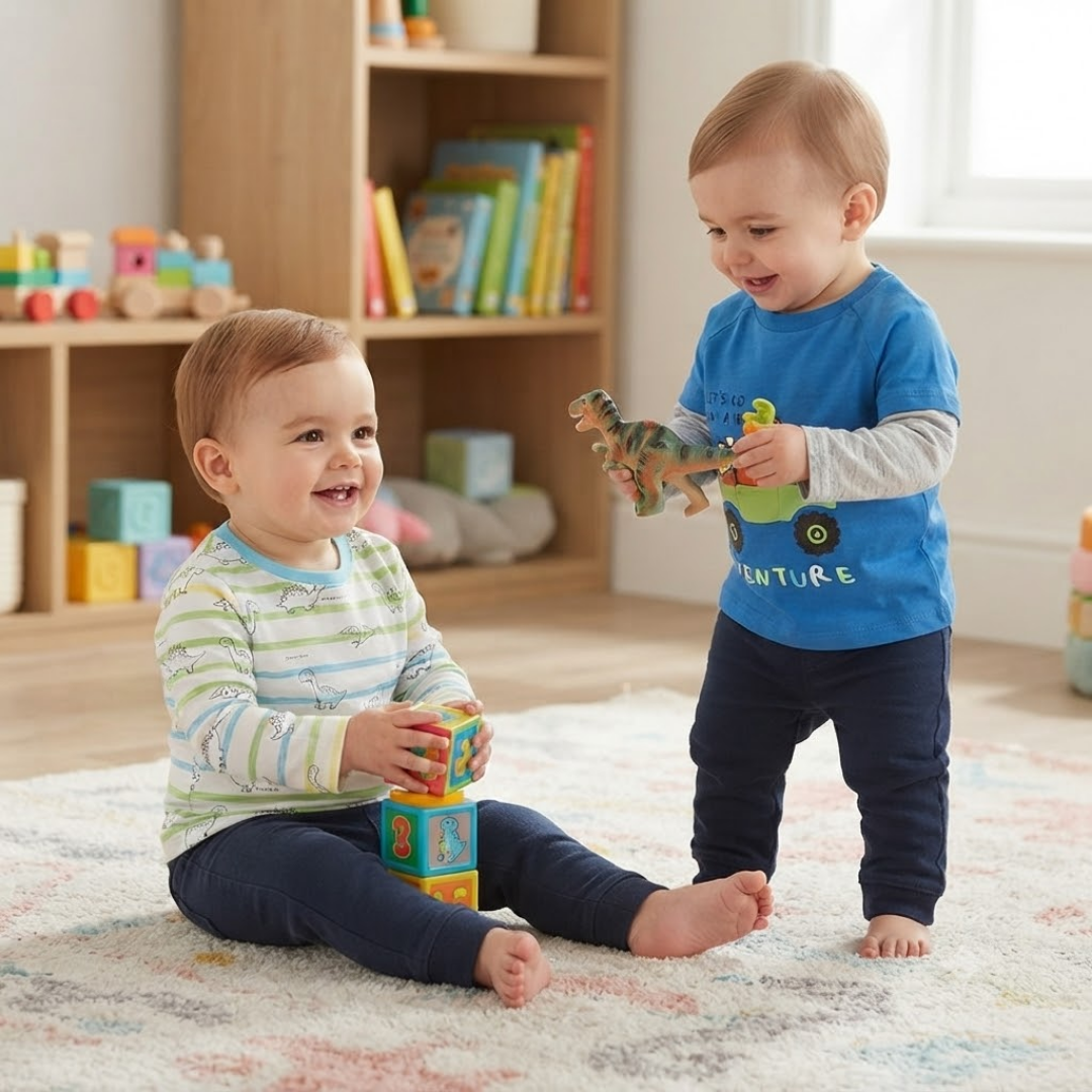 Two toddlers playing with colorful wooden blocks and a dinosaur toy in a bright, carpeted playroom. One child sits on the floor wearing a green and white striped long-sleeve shirt and navy pants, while the other stands wearing a blue long-sleeve shirt with a dinosaur graphic and navy pants.
