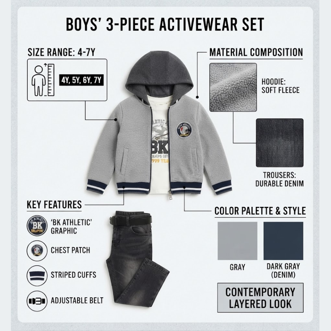 An infographic image of Boys 3-Piece Activewear Set for 4-7 Years