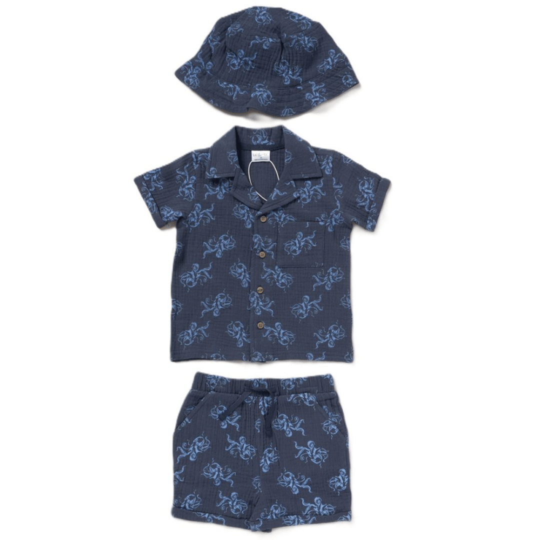 Children's navy outfit with blue patterned shirt, shorts, and hat on a white background