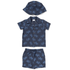 Children's navy outfit with blue patterned shirt, shorts, and hat on a white background