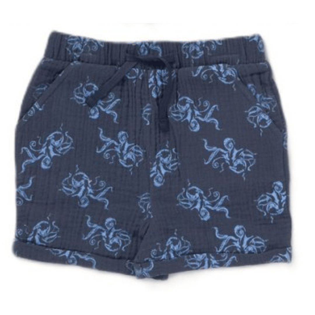 Navy shorts with blue octopus pattern on a white background