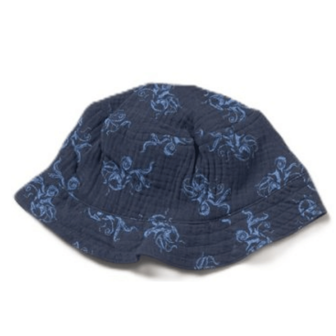 Blue patterned bucket hat on a white background