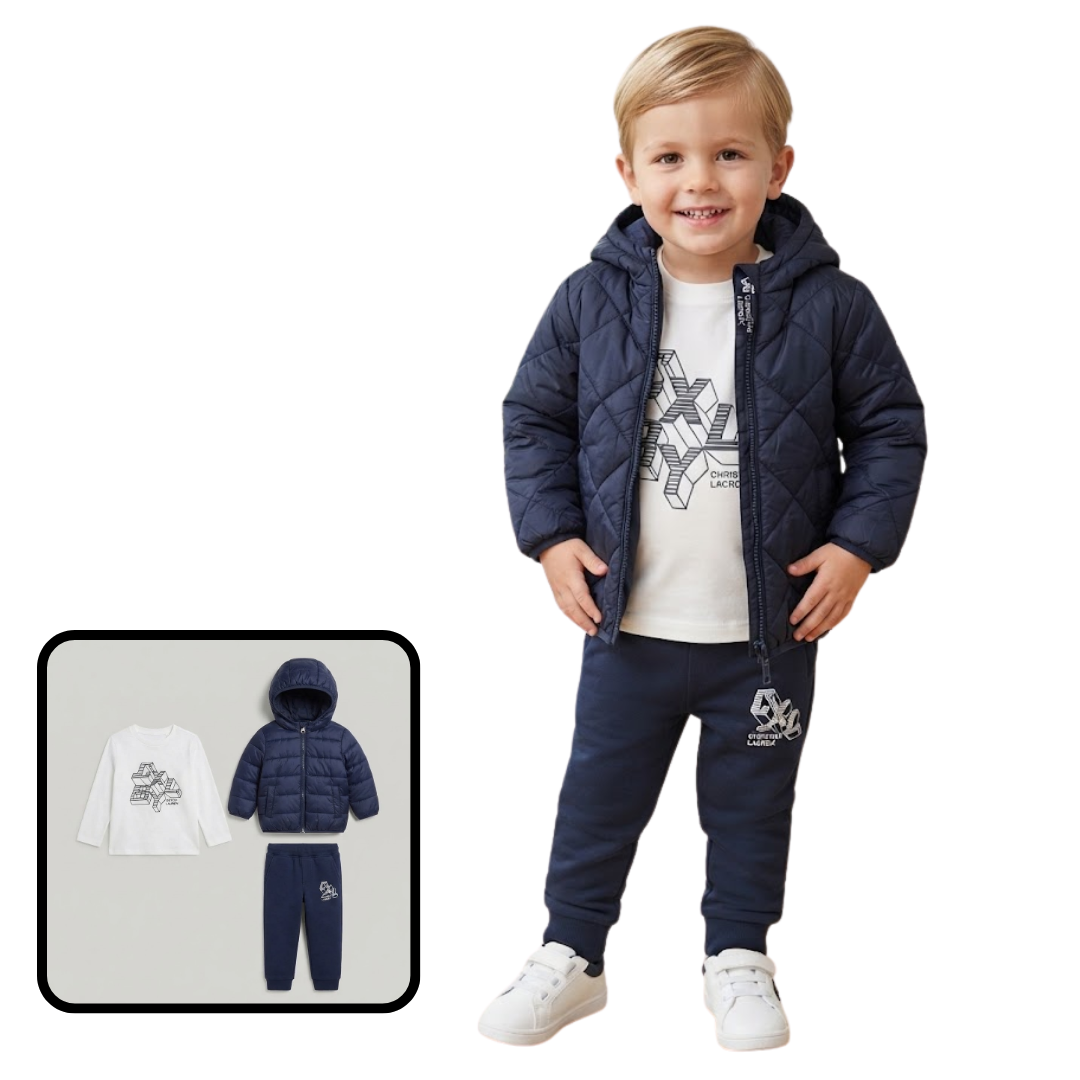 A two-piece children's outfit set consisting of a black long-sleeve sweatshirt with a heart pattern and matching black sweatpants, displayed on a wooden hanger against a white background.