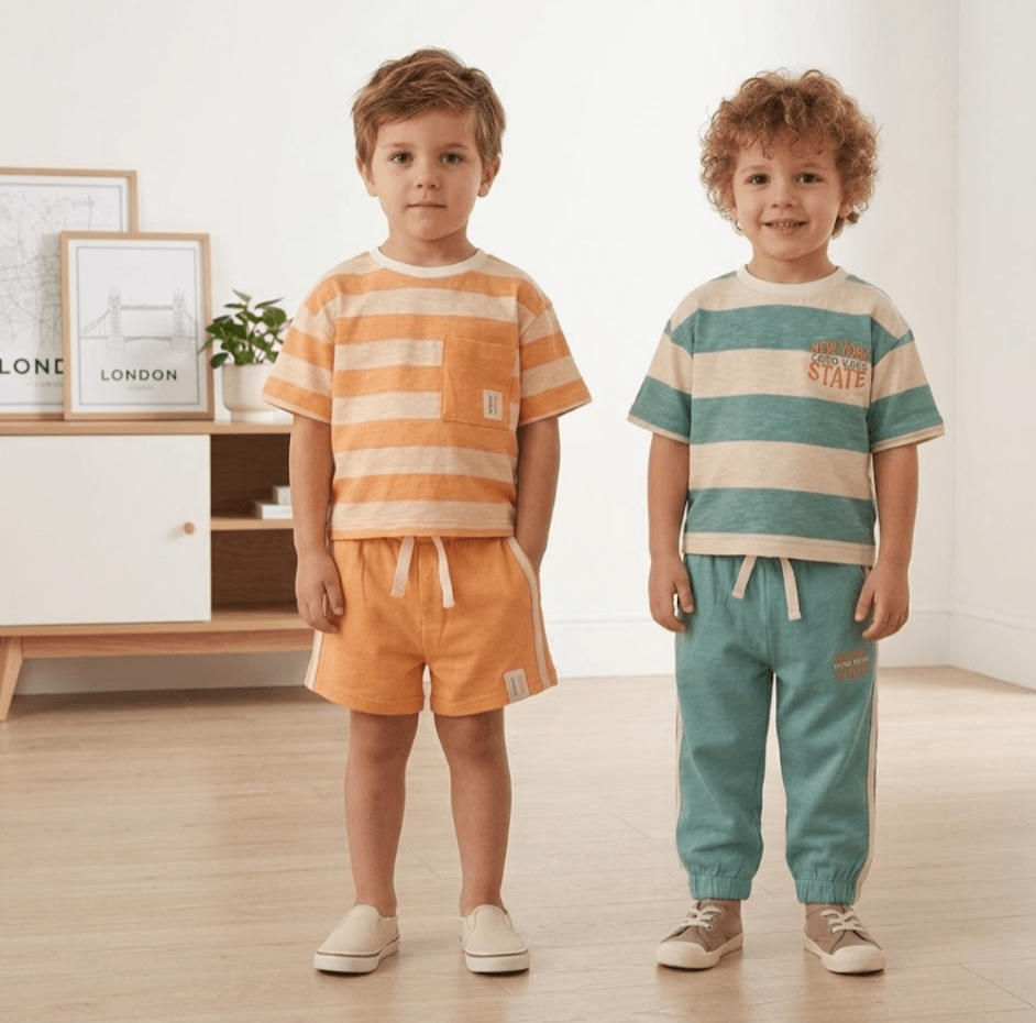 Two children wearing striped outfits standing in a room with a white wall and wooden floor.