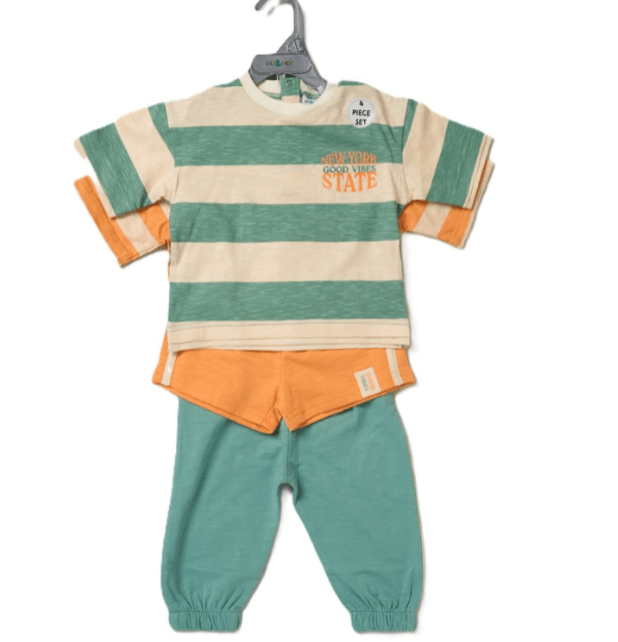 Children's outfit with striped shirt, orange shorts, and green pants on a hanger.