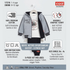 A 3-piece boys' active sportswear outfit set displayed on a hanger against a light gray background with informational text and icons. The set includes a gray hooded jacket with black trim, a white graphic T-shirt, and black jogger pants.