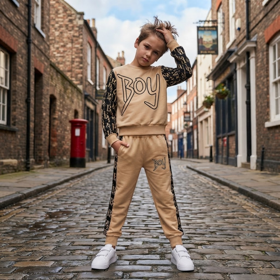 A young boy stands on a cobblestone street wearing a beige two-piece tracksuit with black lace sleeves and side panels, featuring 'Boy' written across the chest and 'BN' on the thigh. He is wearing white sneakers and posing in a town setting with brick buildings in the background.