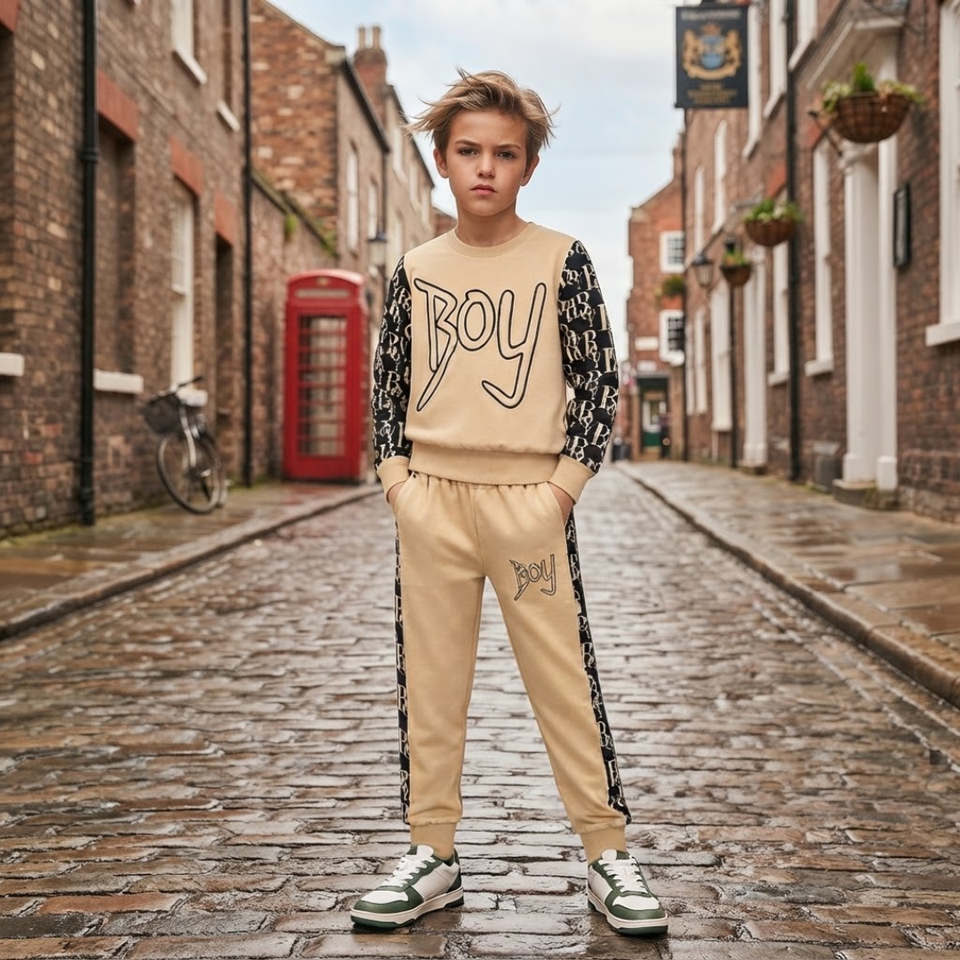 Boy wearing Beige Graffiti Tracksuit standing in England streets.