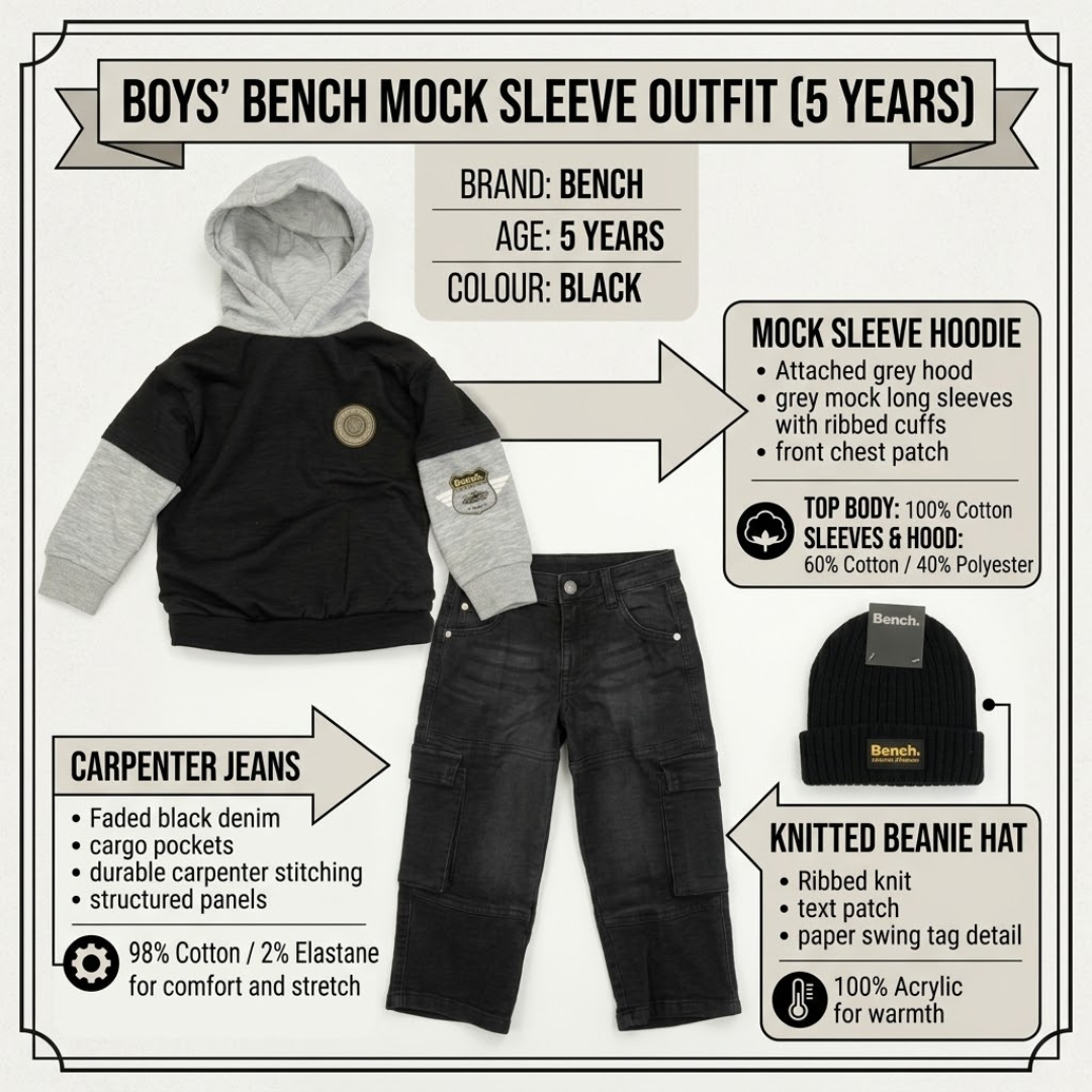 A product infographic for a 5-year-old boy's mock sleeve outfit by Bench, featuring a black hoodie with grey long sleeves, faded black denim jeans, and a black knit beanie hat, with detailed text callouts on a white background.