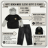 A product infographic for a 5-year-old boy's mock sleeve outfit by Bench, featuring a black hoodie with grey long sleeves, faded black denim jeans, and a black knit beanie hat, with detailed text callouts on a white background.