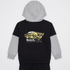 A kids' hooded sweatshirt shown from the back, featuring a black body, heather gray sleeves and hood, and a yellow graphic of a race car with the text 'Bench. 1989.