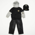 A children's outfit set laid flat on a white background, including a black and gray hooded sweatshirt, dark gray cargo pants, and a black knit beanie. The brand name 'Sencks' is visible on the tags of the beanie and the sweatshirt.