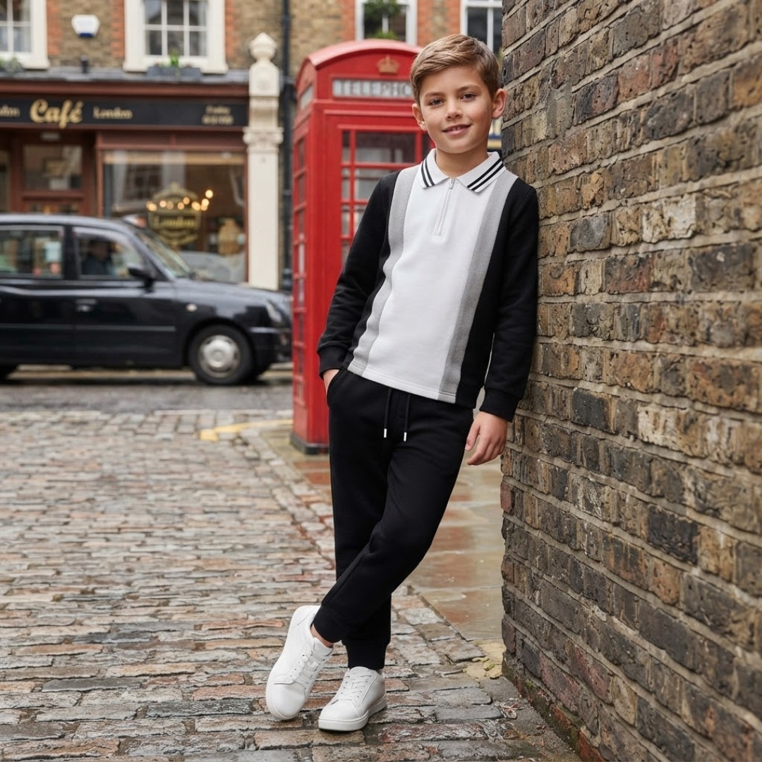A young boy wearing a black and white striped long-sleeve polo shirt and black sweatpants stands on a cobblestone street next to a brick wall, with a red telephone booth and a cafe in the background.