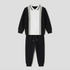A two-piece kids' tracksuit set featuring a black long-sleeve polo shirt with a white center panel and gray side panels, paired with black jogger pants with a drawstring waist.