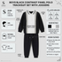 A product infographic for a Samli boys' black contrast panel polo tracksuit set with joggers. The central graphic shows the polo shirt and matching pants laid out, with labels pointing out contrast panels, quarter-zip collar, striped trim, drawstring waist, rib-knit cuffs, and jogger pockets.